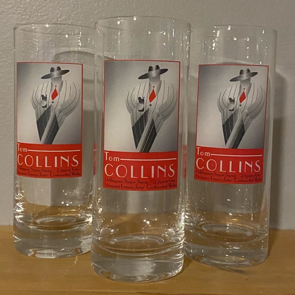 Vintage Tom Collins cocktail glass with tuxedo graphic and recipe. Set of 3